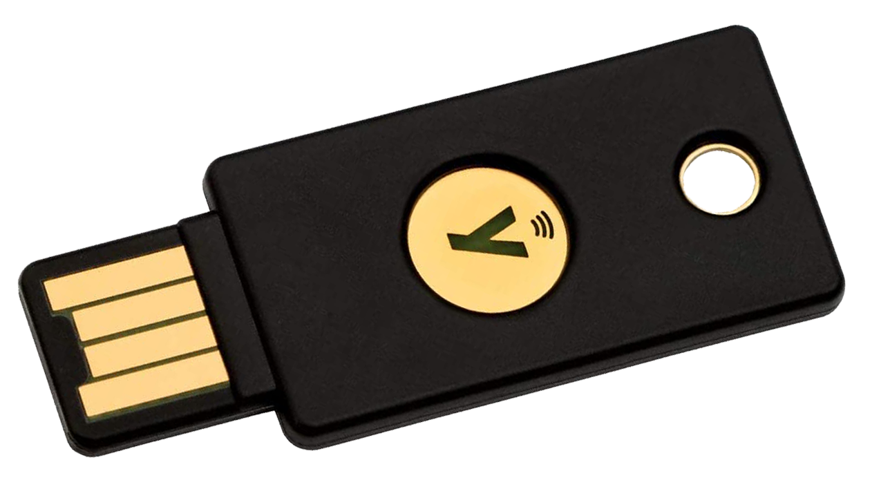 Token USB FIDO2/YubiKey usato per autenticazione resistente al phishing