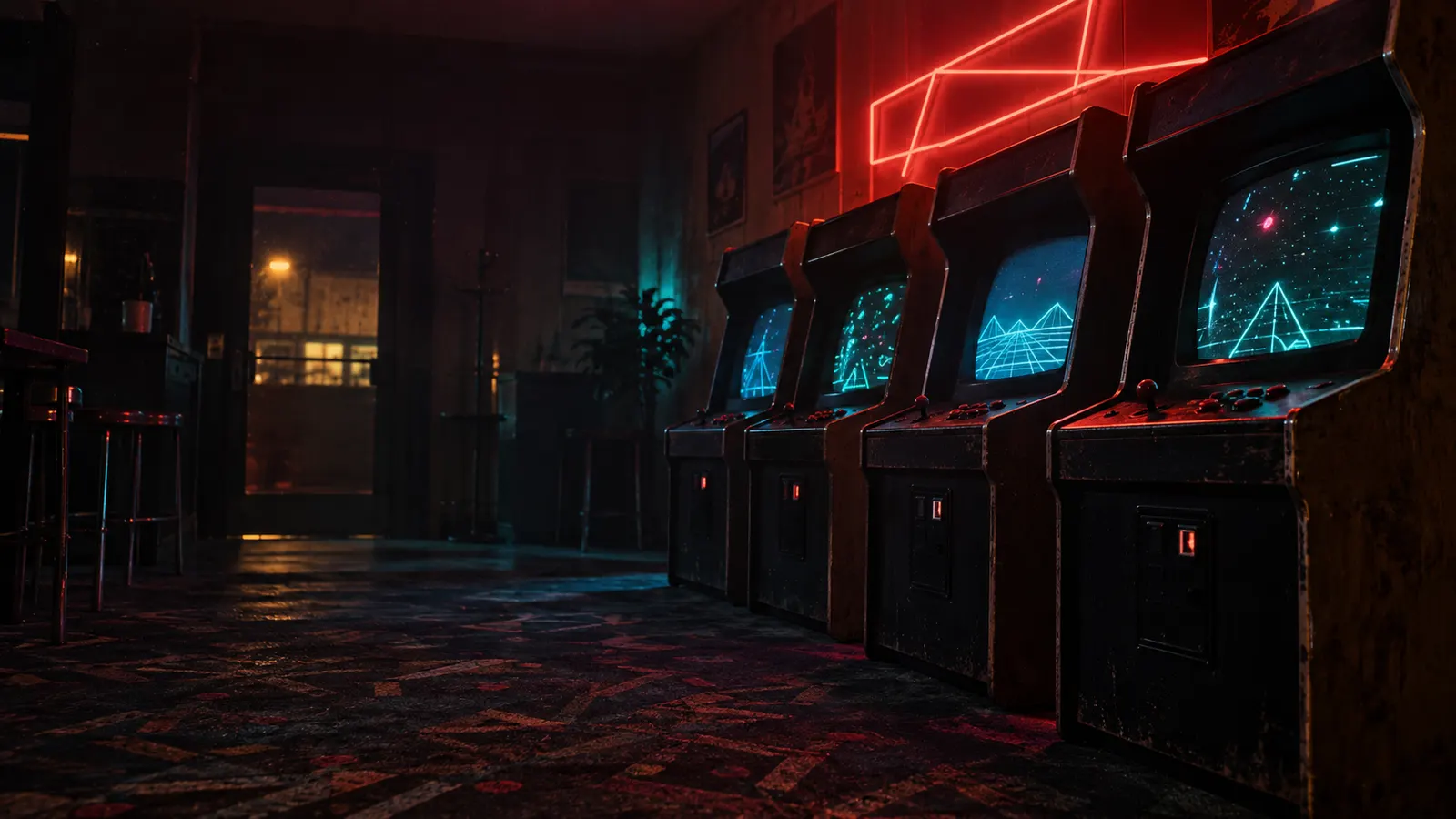 Rievocazione illustrata di una sala giochi anni Ottanta con cabinati e neon rossi