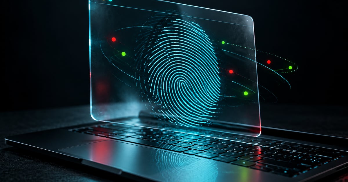 Illustrazione generata di un laptop con un’impronta luminosa sullo schermo, metafora del fingerprinting del browser.