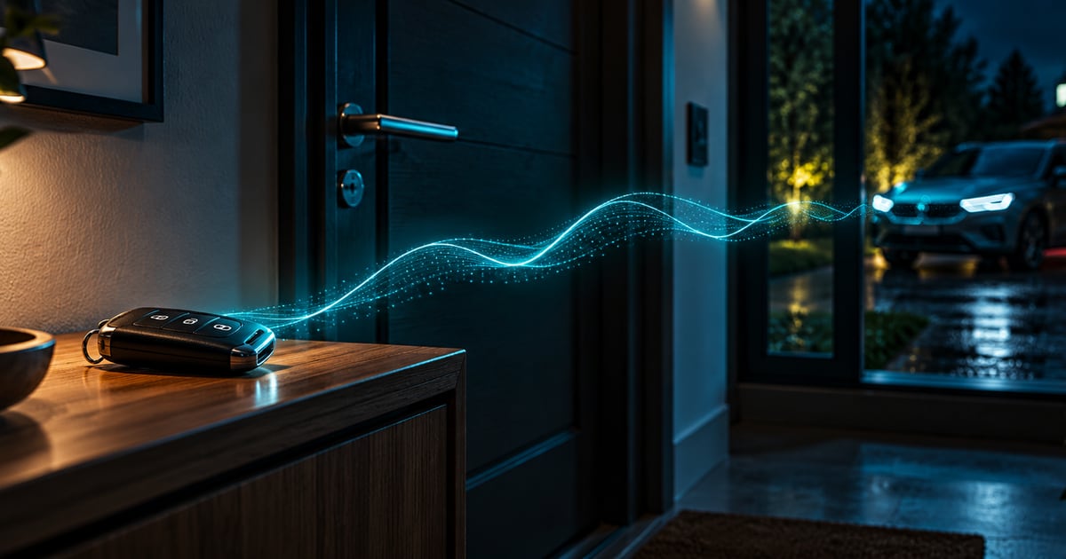 Illustrazione generata di una chiave elettronica in casa e un’auto all’esterno, collegate da una rappresentazione delle onde radio.